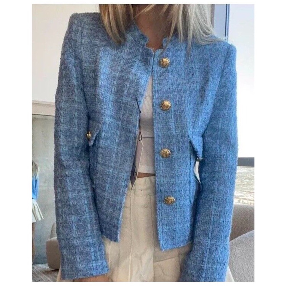 Zara Blue Tweed Blazer with Gold Buttons